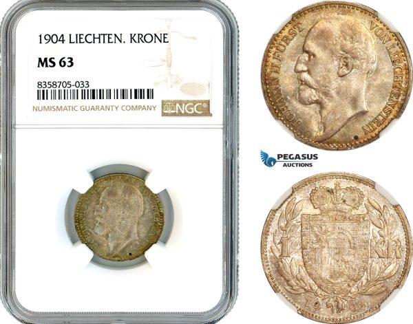 AK561, Liechtenstein, Johann II, 1 Krone 1904, Vienna Mint, Silver, NGC MS63