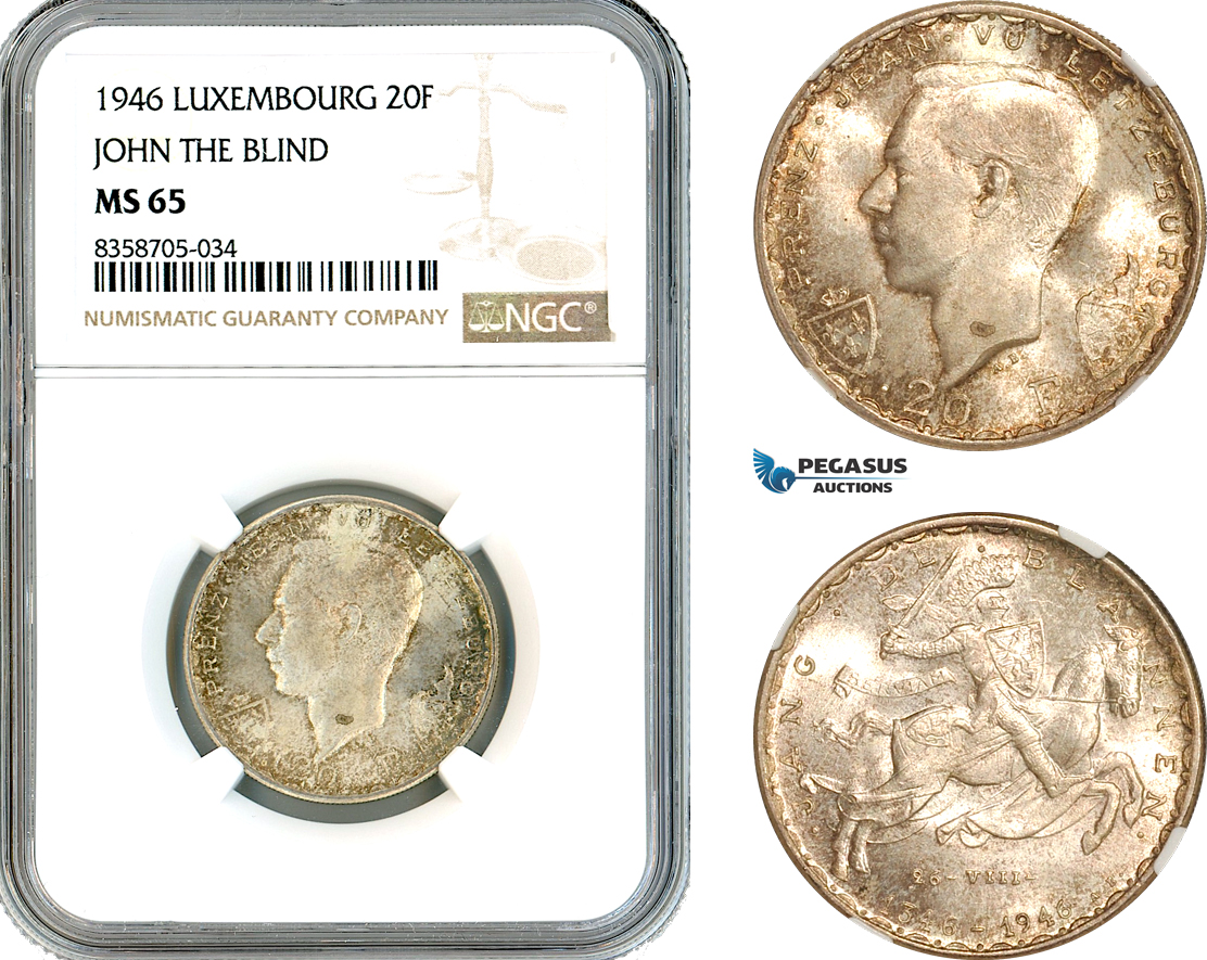 AK562, Luxembourg, Jean, 20 Francs 1946, John The Blind, Silver, NGC MS65