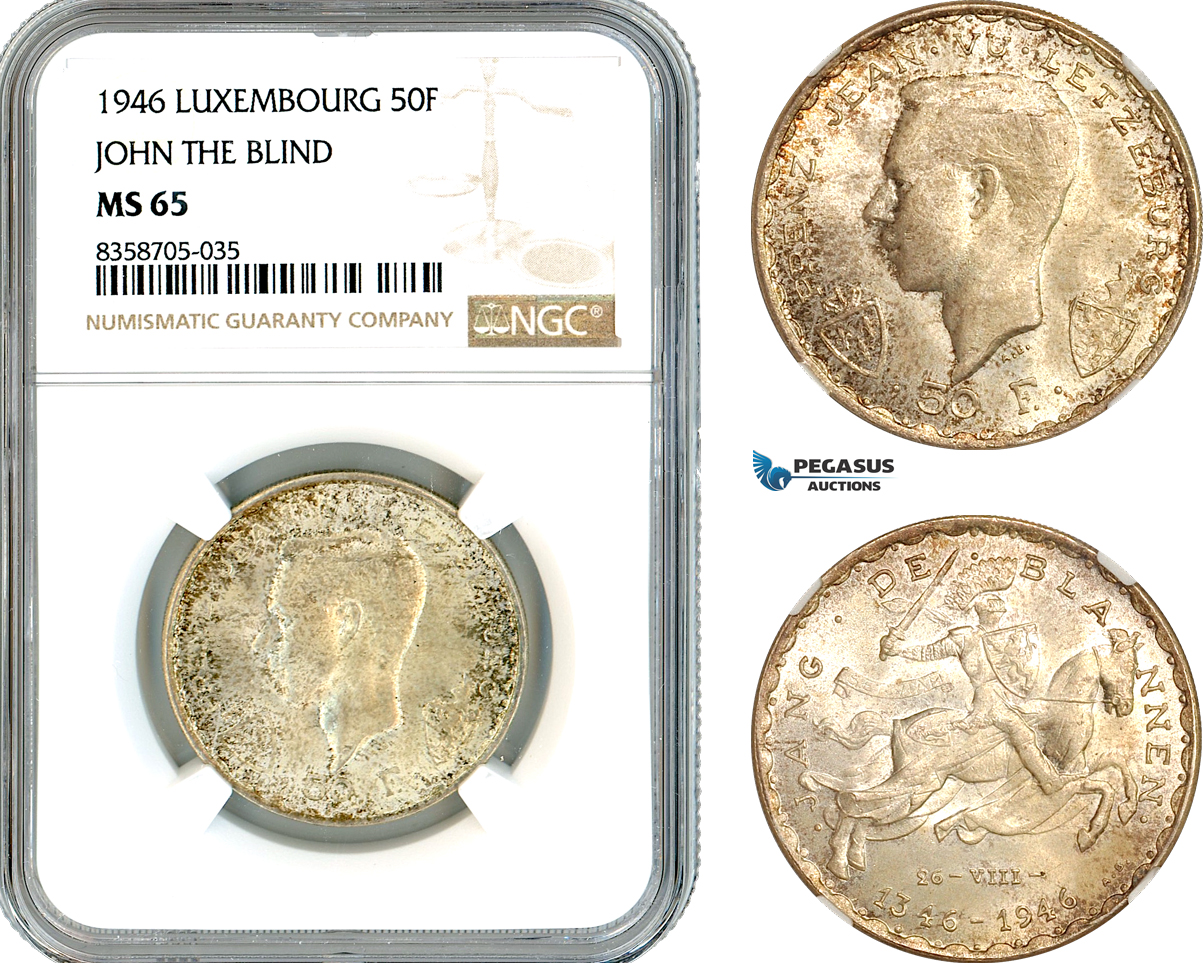 AK563, Luxembourg, Jean, 50 Francs 1946, John The Blind, Silver, NGC MS65