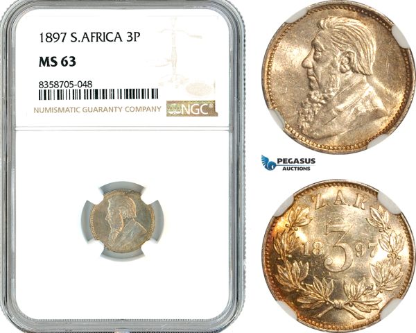 AK567, South Africa (ZAR) Threepence (3 Pence) 1897, Pretoria Mint, Silver, NGC MS63