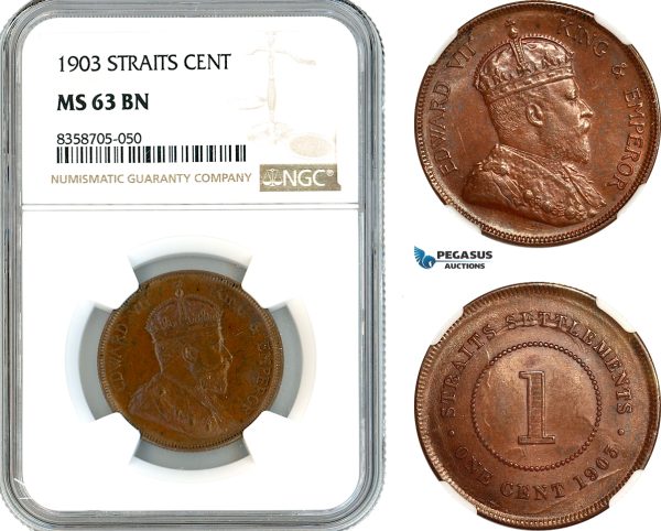 AK568, Straits Settlements, Edward VII, 1 Cent 1903, Calcutta Mint, NGC MS63BN