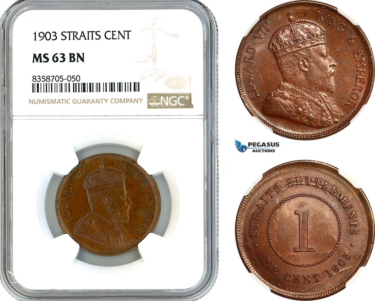 AK568, Straits Settlements, Edward VII, 1 Cent 1903, Calcutta Mint, NGC MS63BN