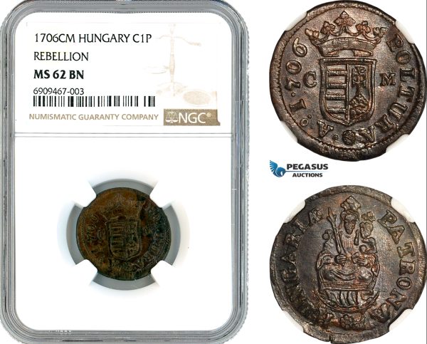 AK570, Hungary, Francis II Rakoczi, Rebellion 1 Poltura 1706 CM, Kaschau Mint, NGC MS62BN