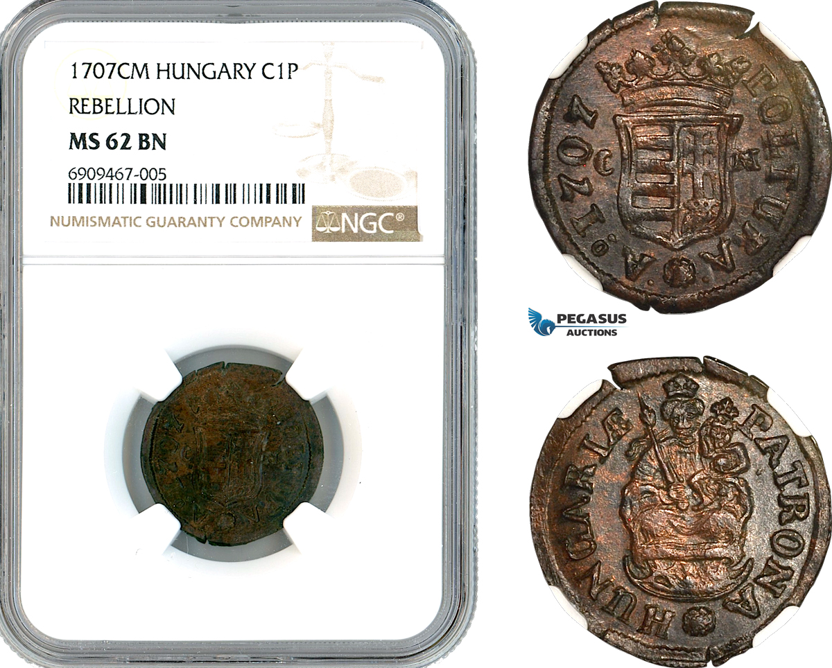 AK572, Hungary, Francis II Rakoczi, Rebellion 1 Poltura 1707 CM, Kaschau Mint, NGC MS62BN