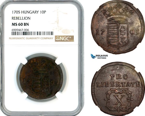 AK573, Hungary, Francis II Rakoczi, Rebellion 10 Poltura 1705, NGC MS60BN