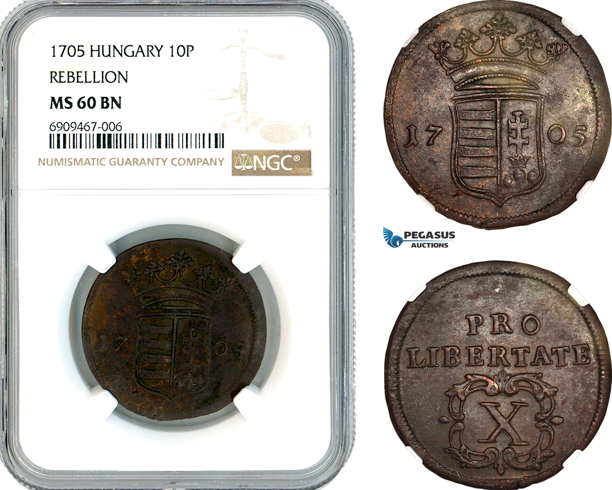 AK573, Hungary, Francis II Rakoczi, Rebellion 10 Poltura 1705, NGC MS60BN