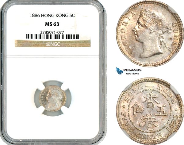AK596, Hong Kong, Victoria, 5 Cents 1886, London Mint, Silver, NGC MS63
