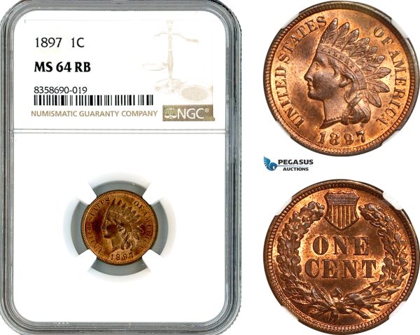 AK601, United States, Indian Head Cent 1897, Philadelphia Mint, NGC MS64RB