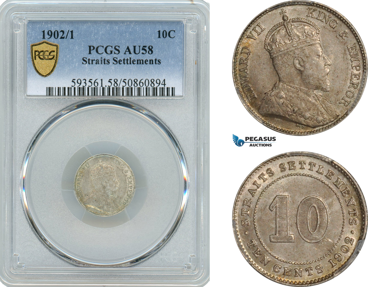 AK605, Straits Settlements, Edward VII, 10 Cents 1902/1 Overdate, London Mint, Silver, PCGS AU58, Rare!