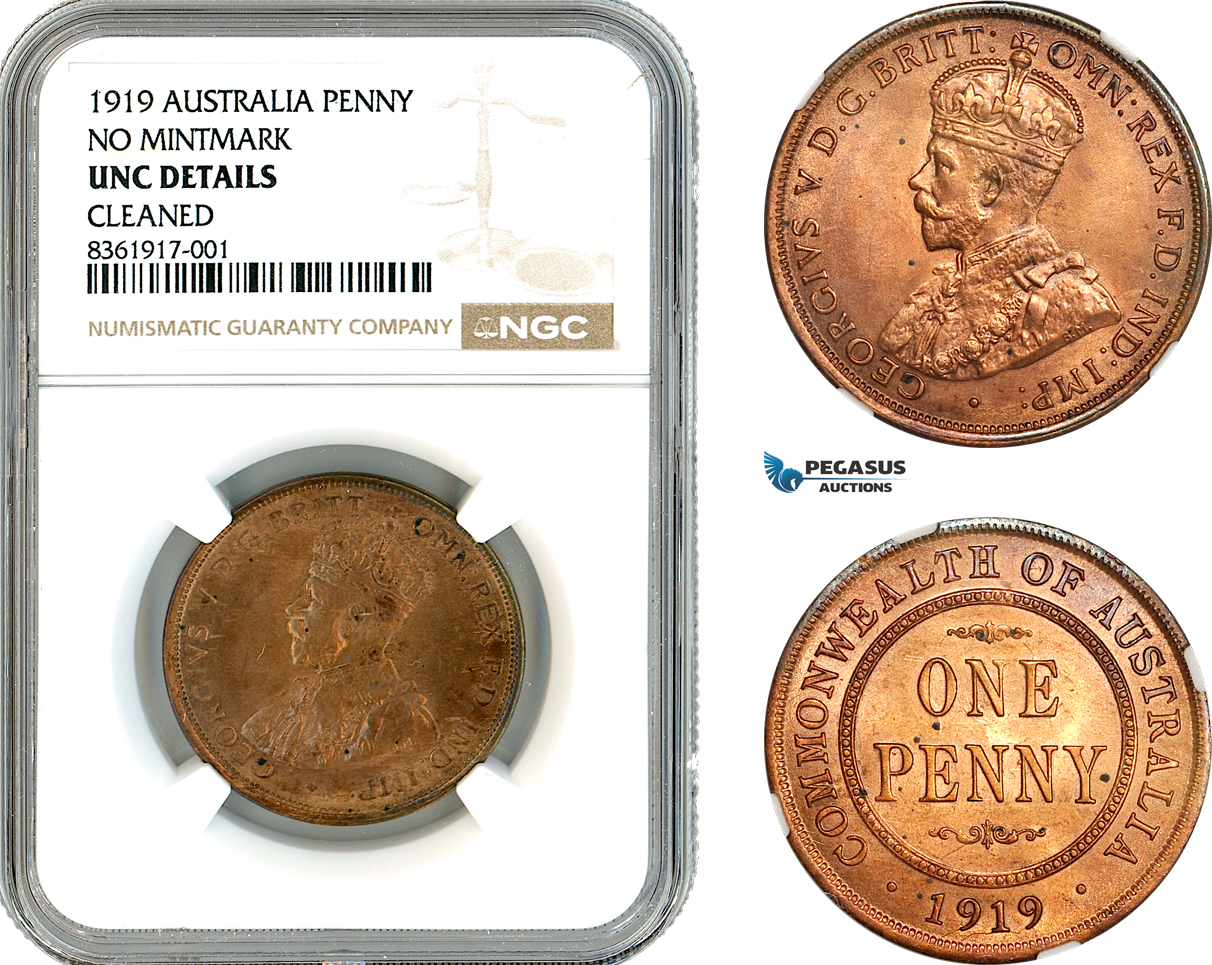 AK613, Australia, George V, 1 Penny 1919, No Mintmark, NGC UNC Det