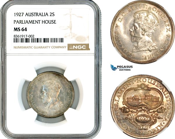 AK614, Australia, George V, 1 Florin / 2 Shillings 1927 Parliament House, Silver, NGC MS64