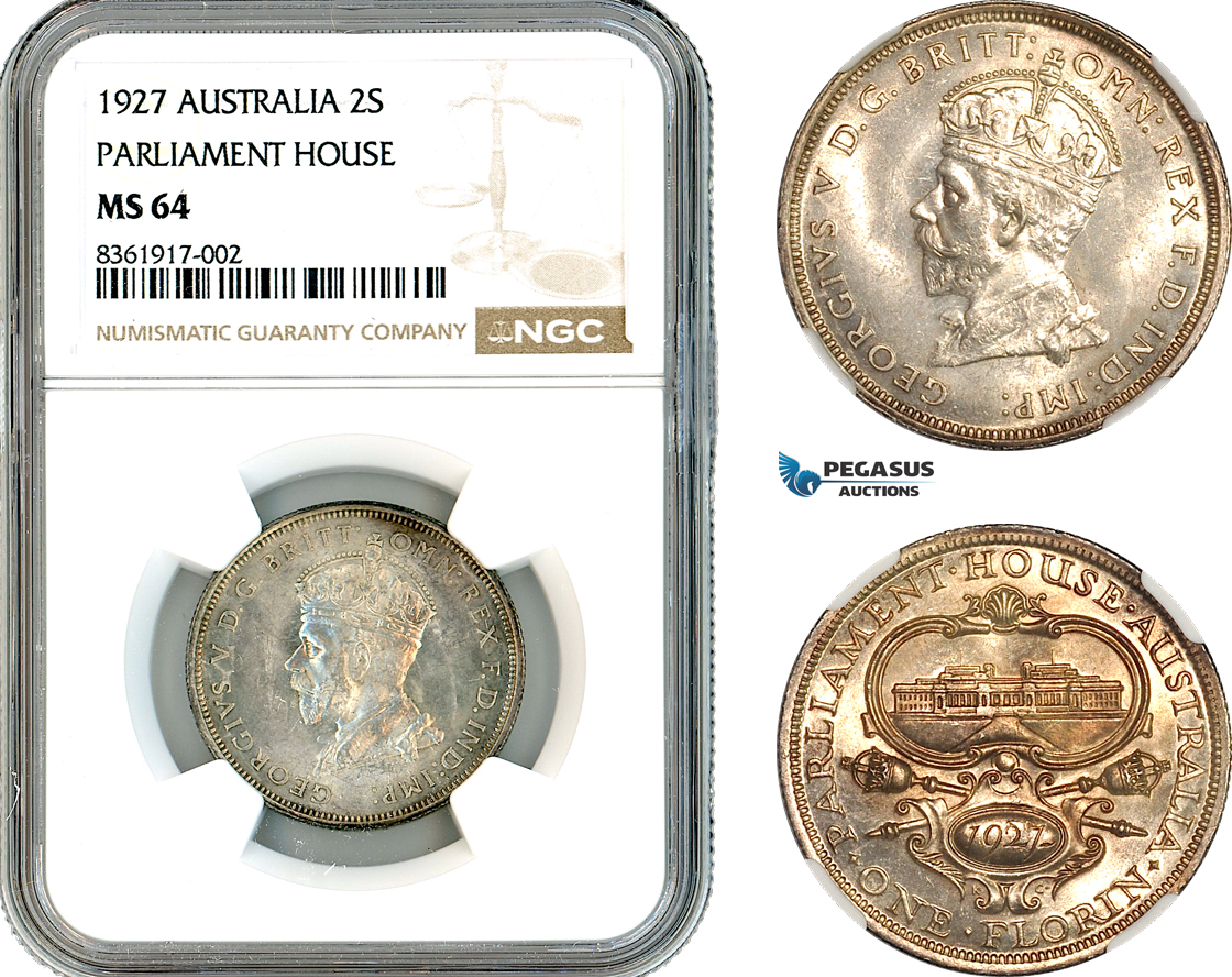 AK614, Australia, George V, 1 Florin / 2 Shillings 1927 Parliament House, Silver, NGC MS64