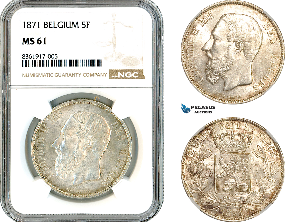 AK615, Belgium, Leopold II, 5 Francs 1871, Brussels Mint, Silver, NGC MS61