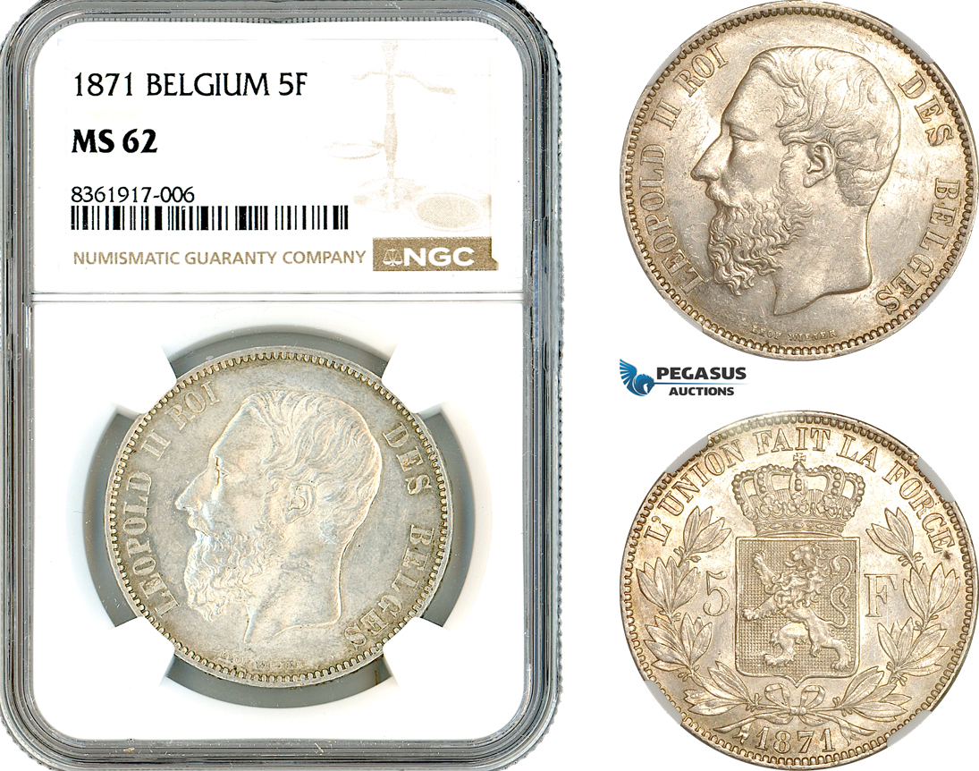 AK616, Belgium, Leopold II, 5 Francs 1871, Brussels Mint, Silver, NGC MS62
