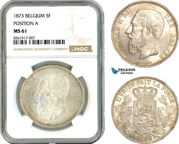 AK617, Belgium, Leopold II, 5 Francs 1873, Brussels Mint, Position "A" Variant, Silver, NGC MS61