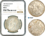 AK618, Belgium, Leopold II, 5 Francs 1873, Brussels Mint, Position "A" Variant, Silver, NGC MS61
