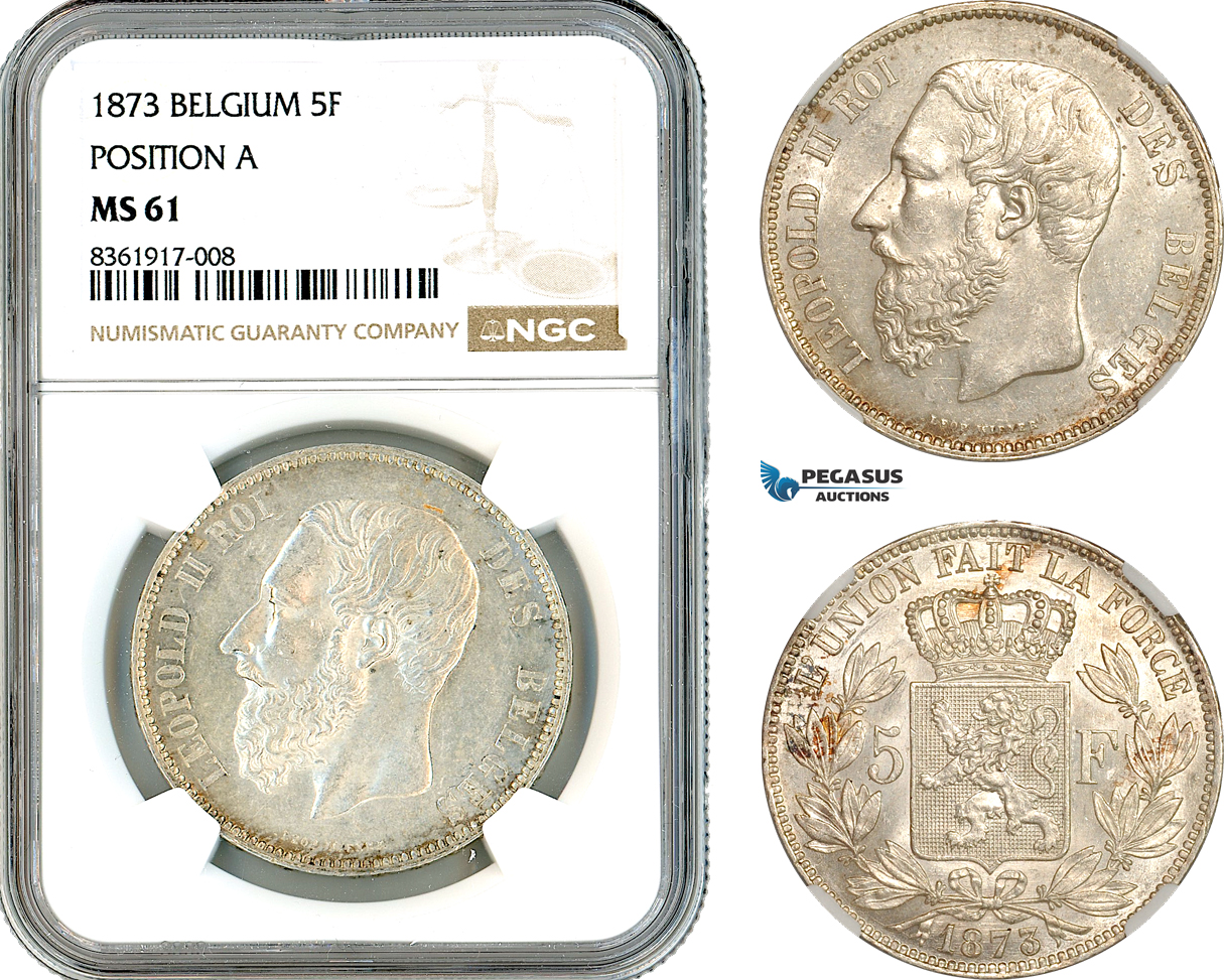 AK618, Belgium, Leopold II, 5 Francs 1873, Brussels Mint, Position "A" Variant, Silver, NGC MS61