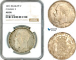 AK619, Belgium, Leopold II, 5 Francs 1873, Brussels Mint, Position "A" Variant, Silver, NGC AU58