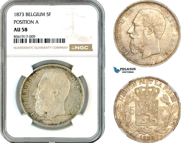 AK619, Belgium, Leopold II, 5 Francs 1873, Brussels Mint, Position "A" Variant, Silver, NGC AU58