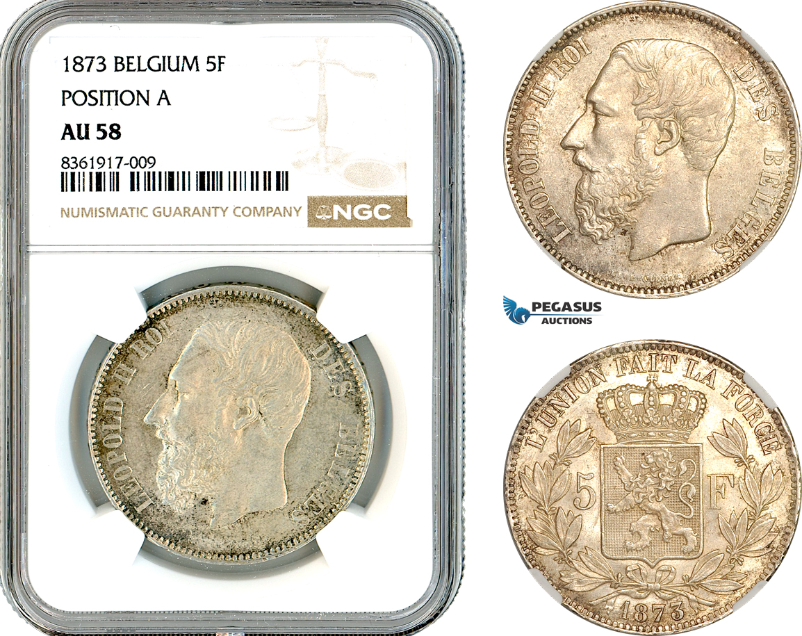 AK619, Belgium, Leopold II, 5 Francs 1873, Brussels Mint, Position "A" Variant, Silver, NGC AU58