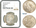 AK620, Belgium, Leopold II, 5 Francs 1873, Brussels Mint, Position "A" Variant, Silver, NGC MS61