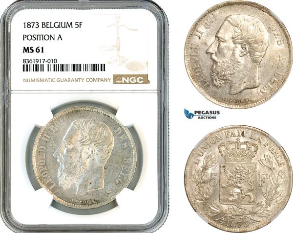 AK620, Belgium, Leopold II, 5 Francs 1873, Brussels Mint, Position "A" Variant, Silver, NGC MS61