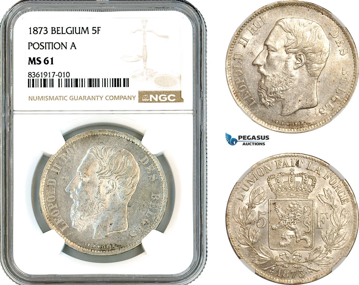 AK620, Belgium, Leopold II, 5 Francs 1873, Brussels Mint, Position "A" Variant, Silver, NGC MS61