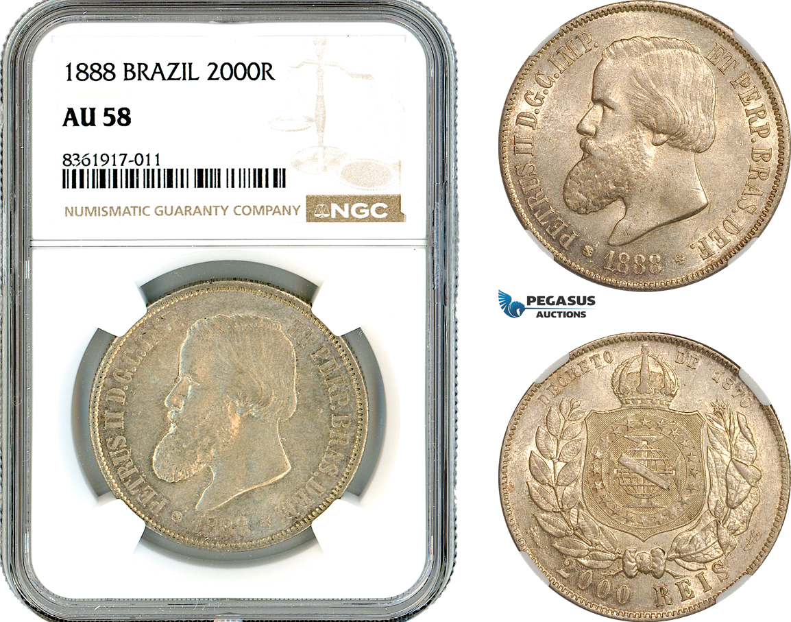 AK621, Brazil, Pedro II, 2000 Reis 1888, Rio de Janeiro Mint, Silver, NGC AU58