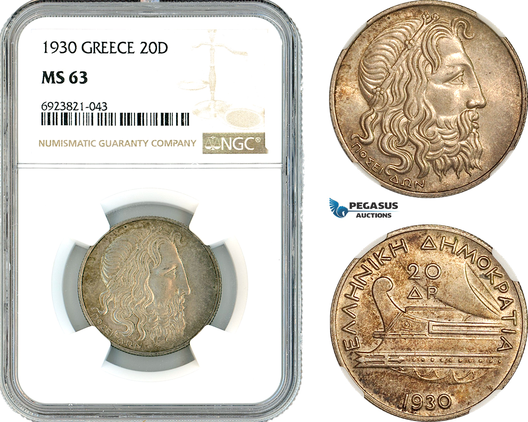 AK638, Greece, Democracy, 20 Drachmai 1930, Silver, NGC MS63