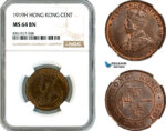 AK640, Hong Kong, George V, 1 Cent 1919 H, Heaton Mint, NGC MS64BN