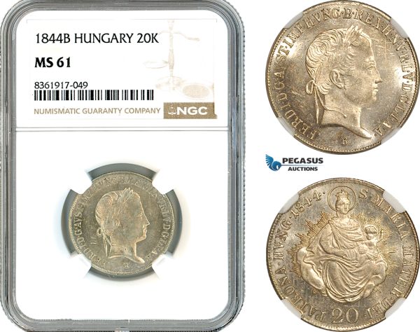 AK641, Hungary, Ferdinand V, 20 Krajczar 1844 B, Kremnitz Mint, Silver, NGC MS61