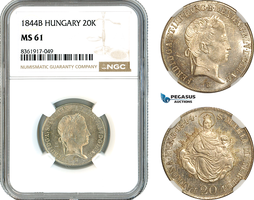 AK641, Hungary, Ferdinand V, 20 Krajczar 1844 B, Kremnitz Mint, Silver, NGC MS61