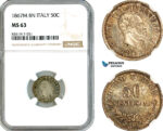 AK642, Italy, Vit. Emanuelle II, 50 Centesimi 1867 M, Milan Mint, Silver, NGC MS63