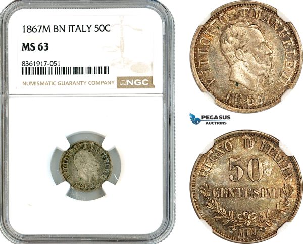 AK642, Italy, Vit. Emanuelle II, 50 Centesimi 1867 M, Milan Mint, Silver, NGC MS63