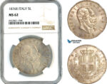AK643, Italy, Vitt. Emanuele II, 5 Lire 1876 R, Rome Mint, Silver, NGC MS62