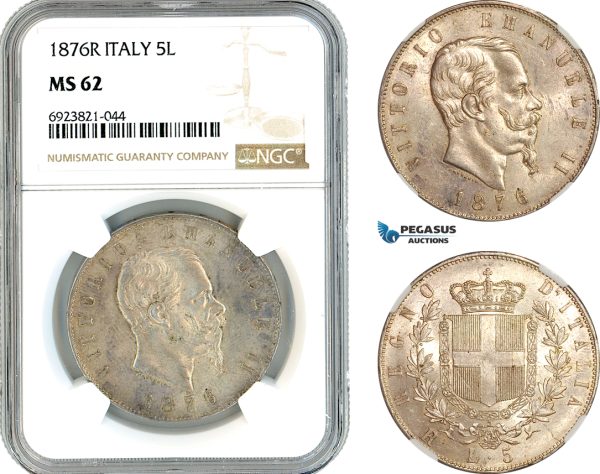 AK643, Italy, Vitt. Emanuele II, 5 Lire 1876 R, Rome Mint, Silver, NGC MS62