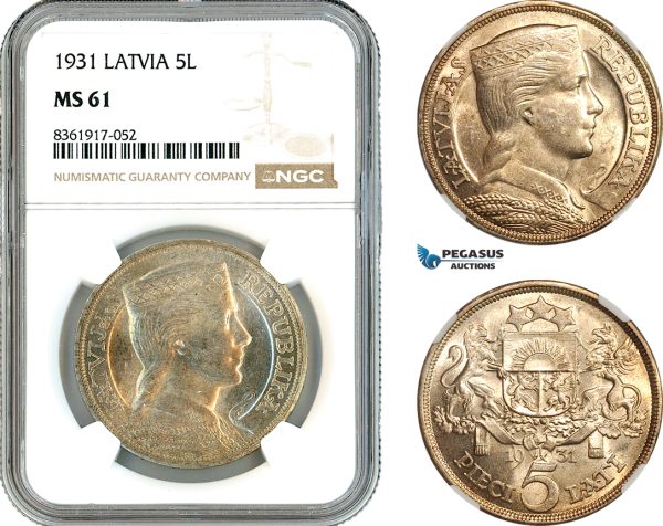 AK644, Latvia, 5 Lati 1931, Silver, NGC MS61