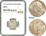 AK645, Montenegro, Nicholas I, 1 Perper 1914, Vienna Mint, Silver, NGC MS61