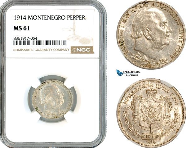 AK645, Montenegro, Nicholas I, 1 Perper 1914, Vienna Mint, Silver, NGC MS61