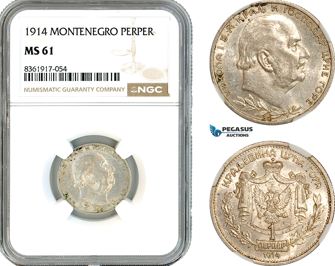 AK645, Montenegro, Nicholas I, 1 Perper 1914, Vienna Mint, Silver, NGC MS61