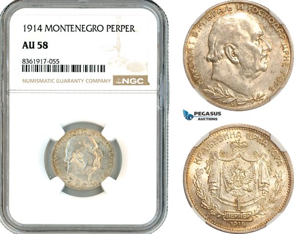 AK646, Montenegro, Nicholas I, 1 Perper 1914, Vienna Mint, Silver, NGC AU58
