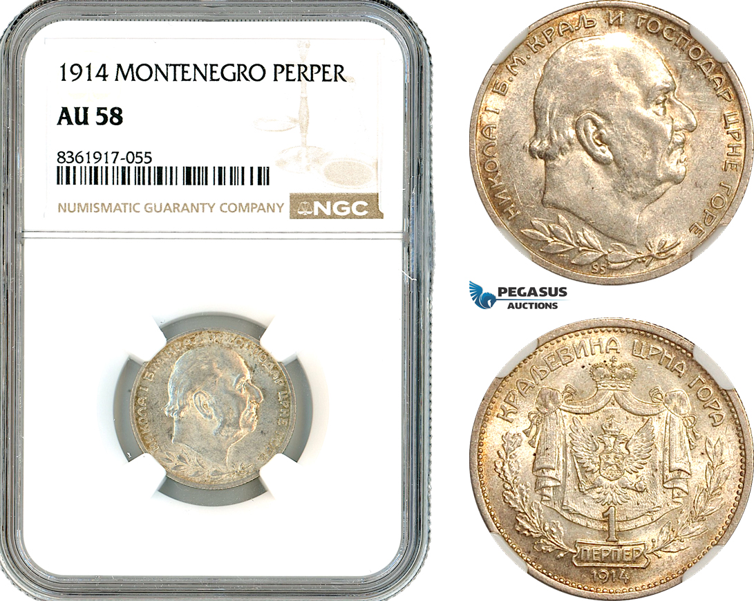 AK646, Montenegro, Nicholas I, 1 Perper 1914, Vienna Mint, Silver, NGC AU58