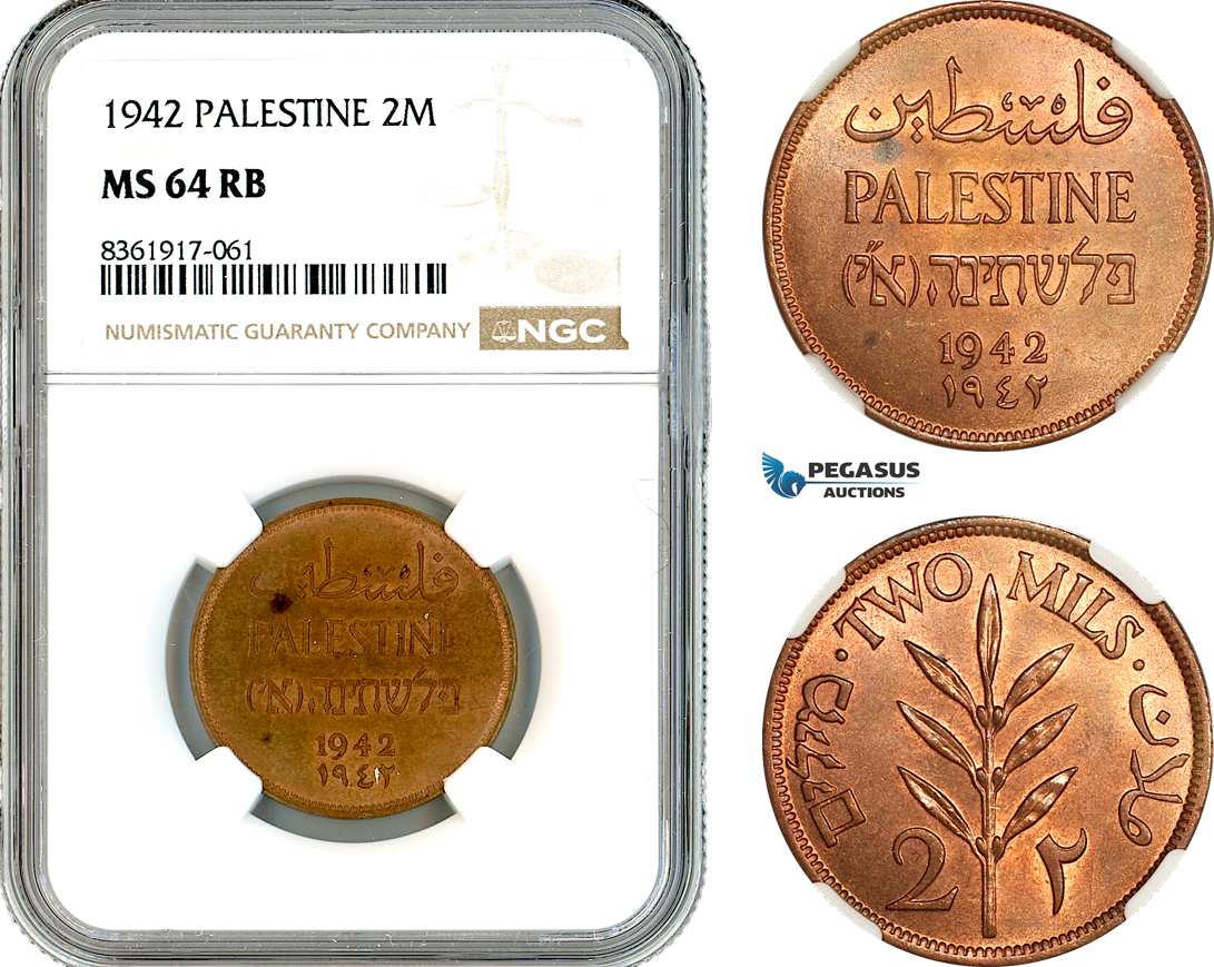 AK648, Palestine, 2 Mils 1942, London Mint, NGC MS64RB