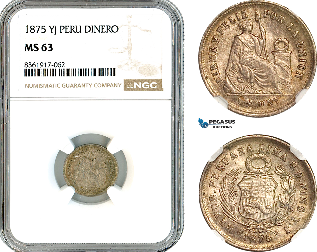 AK649, Peru, 1 Dinero 1875 YJ, Lima Mint, Silver, NGC MS63
