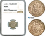 AK650, Peru, 1 Dinero 1875 YJ, Lima Mint, Silver, NGC MS63