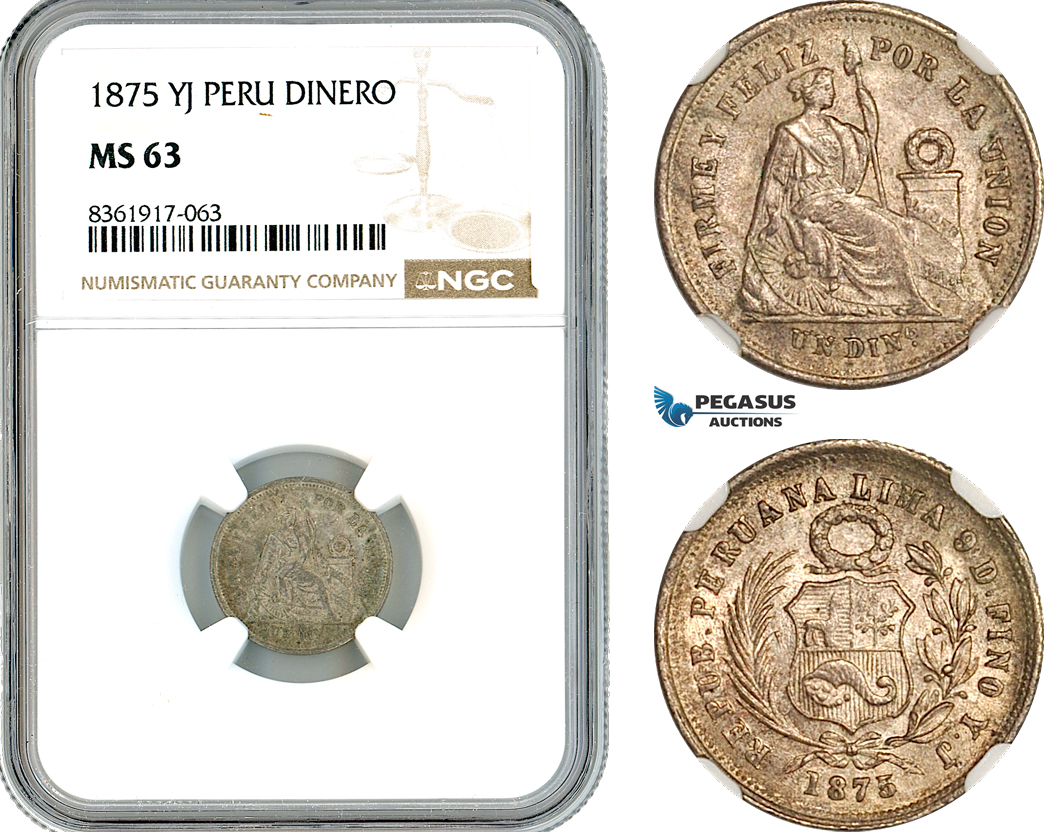 AK650, Peru, 1 Dinero 1875 YJ, Lima Mint, Silver, NGC MS63