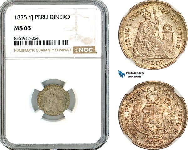 AK651, Peru, 1 Dinero 1875 YJ, Lima Mint, Silver, NGC MS63