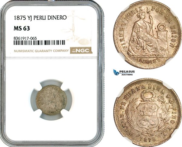 AK652, Peru, 1 Dinero 1875 YJ, Lima Mint, Silver, NGC MS63