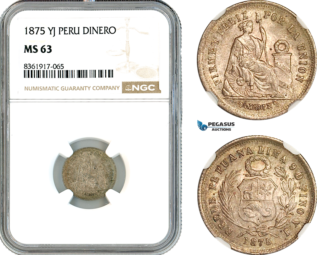 AK652, Peru, 1 Dinero 1875 YJ, Lima Mint, Silver, NGC MS63