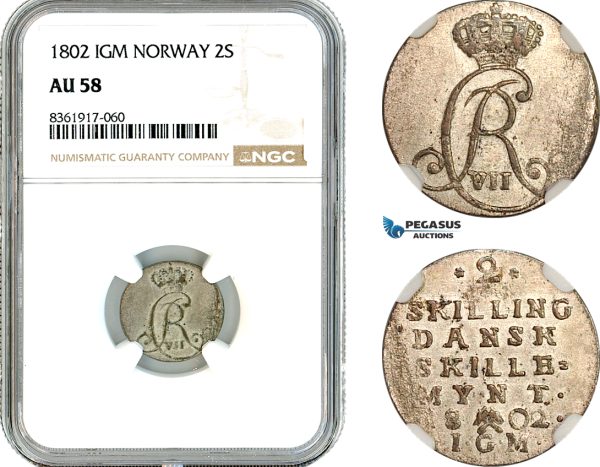 AK653, Norway, Christian VII, 2 Skilling 1802 IGM, Kongsberg Mint, Silver, NGC AU58